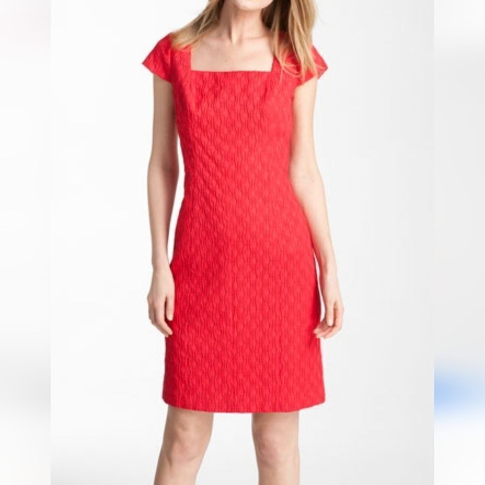 Adrianna Papell Square Neckline Jacquard Dress.Textured, Classic Red, Holiday